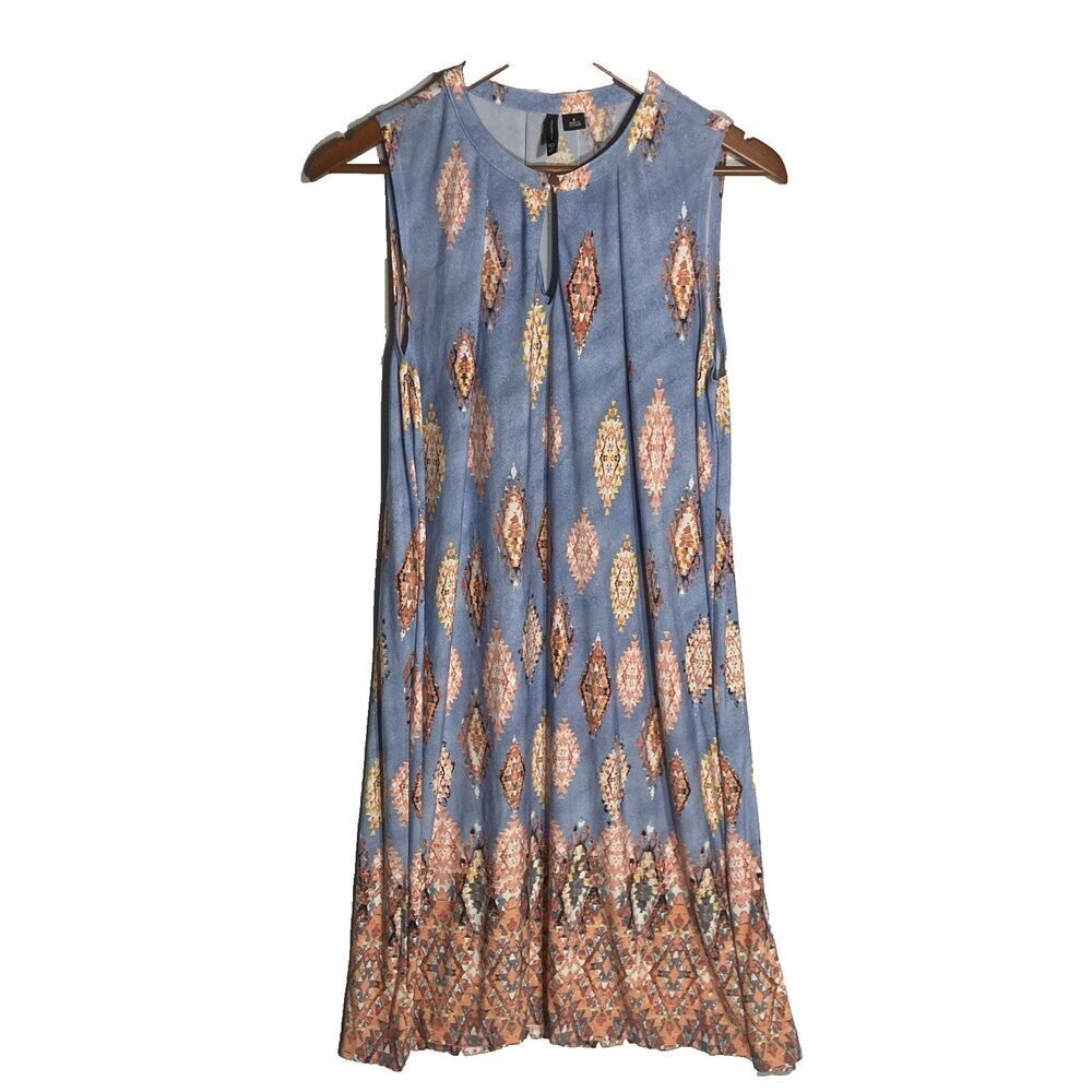 NEW DIRECTIONS blue multicolor geometric sleeveless keyhole a-line dress S